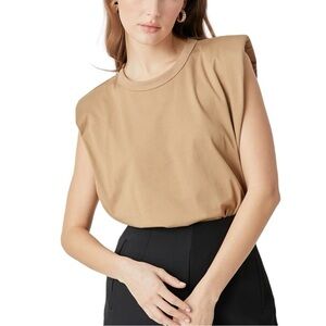 Endless Rose Revolve Shoulder Pad Jersey Taupe Sleeveless Crewneck Top Shirt